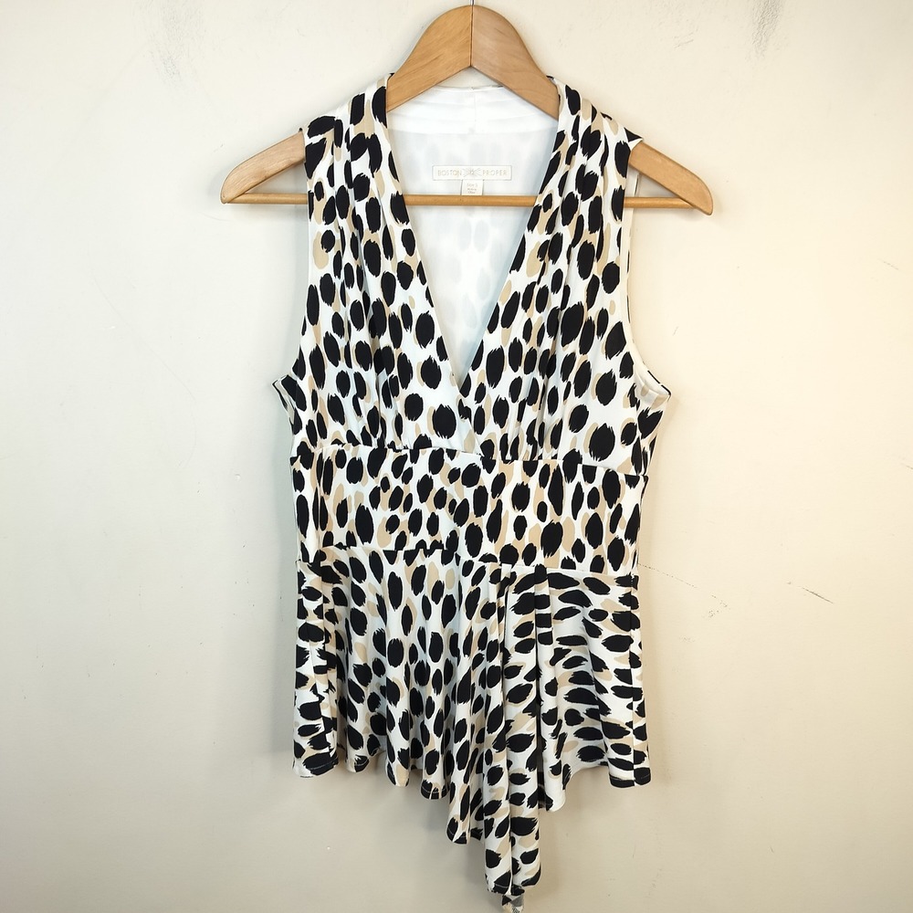 Boston Proper Sleeveless top Top Womens Small Spotted Black Tan Draped Front